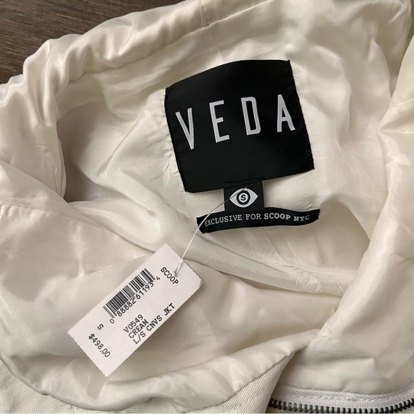 NWT Veda for Scoop NYC White Canvas Moto Jacket Leather Sleeves Sz S - Picture 9 of 10